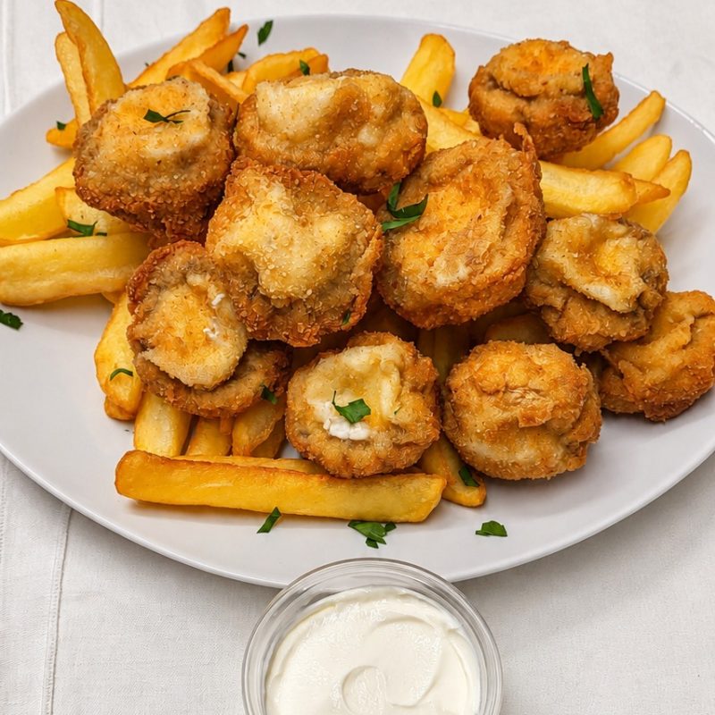 4. Feta sajttal töltött gombafejek, sült burgonyával